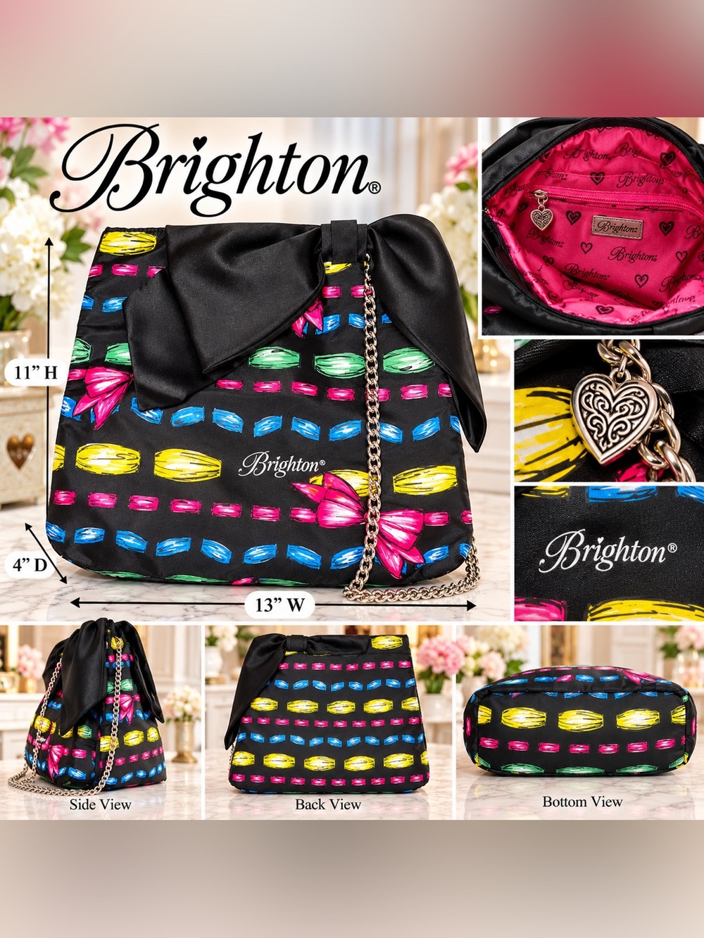 Brighton Black Shoulder Bag with Multicolor Brushstroke Floral Print & Chain